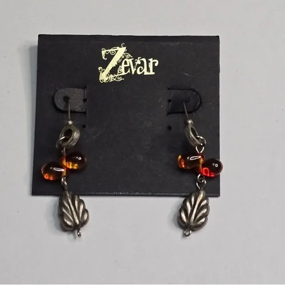TreskA Zevar Amber Glass Bead Silver Tone Leaf Drop Earrings Bohemian Dangle